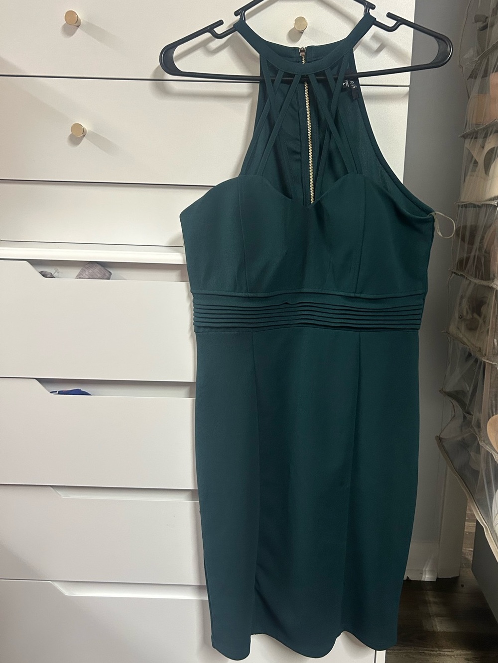 iris Dark Green Sheath Dress with Strappy High Neck